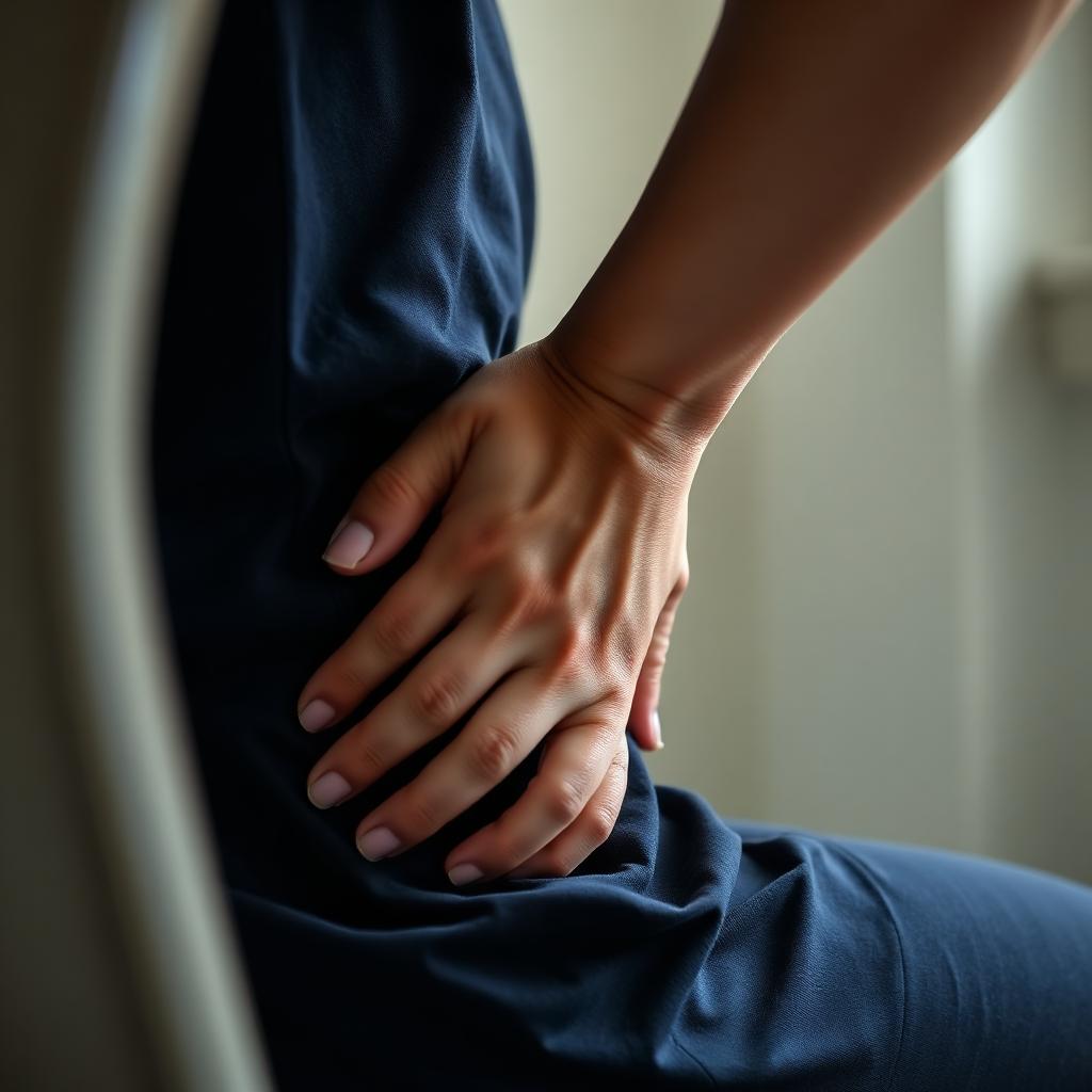Person seated with lower pelvic discomfort